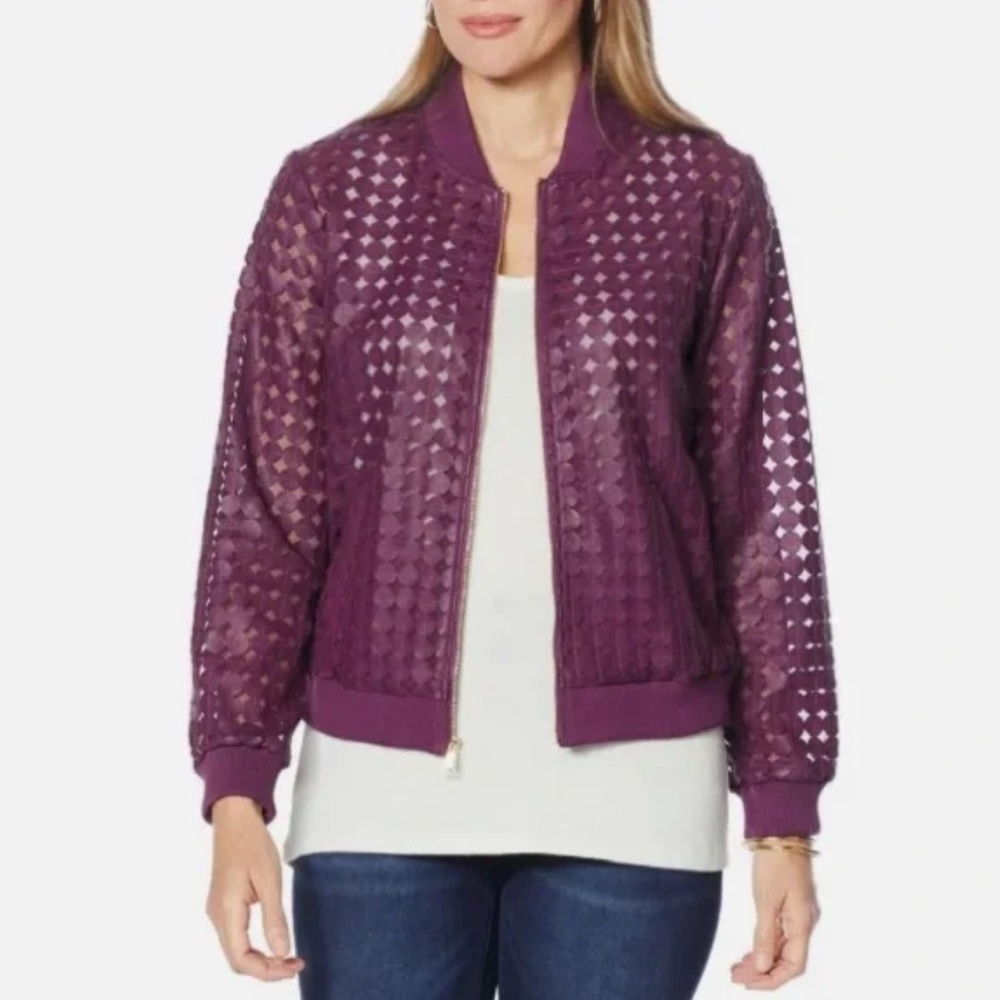 Colleen Lopez "Dream Weaver" Laser-Cut Faux Leather Bomber Jacket